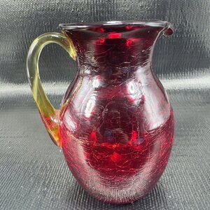Hand Blown Red Crackle Glass Pitcher Creamer Amberina Cadmium UV Glowing Glass